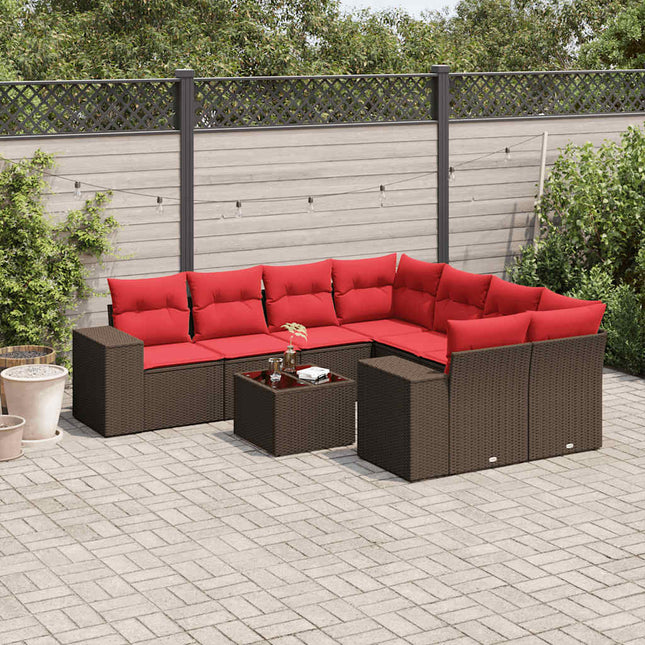 havesofasæt med 9 dele og hynder brun polyrattan