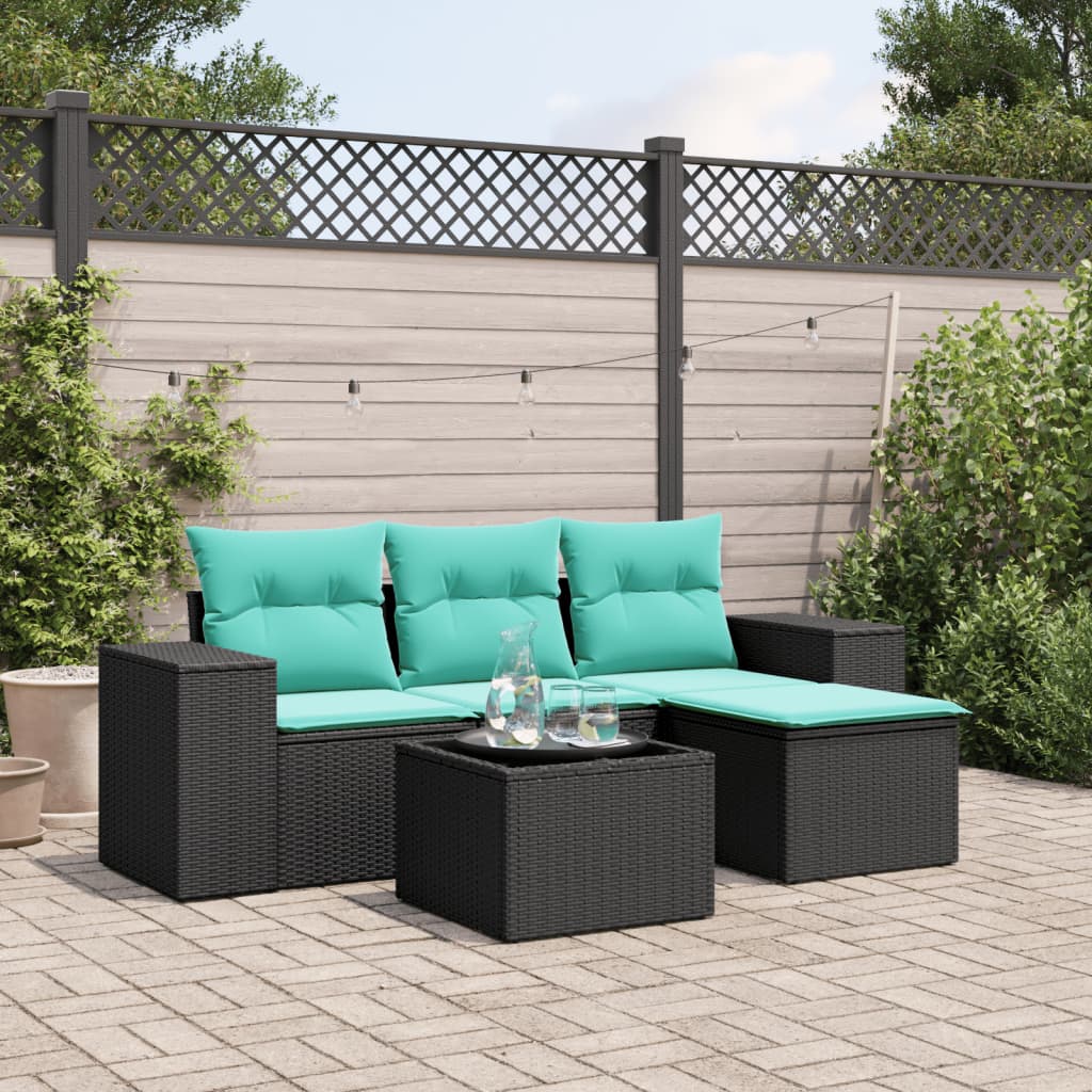 havesofasæt med 5 dele og hynder sort polyrattan