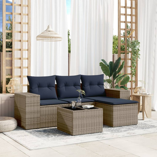 havesofasæt med 5 dele og hynder grå polyrattan