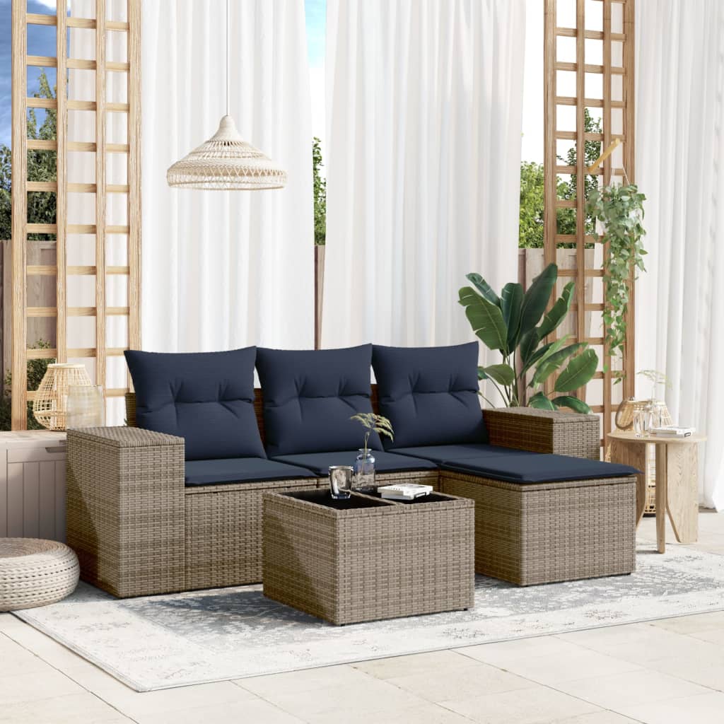 havesofasæt med 5 dele og hynder grå polyrattan
