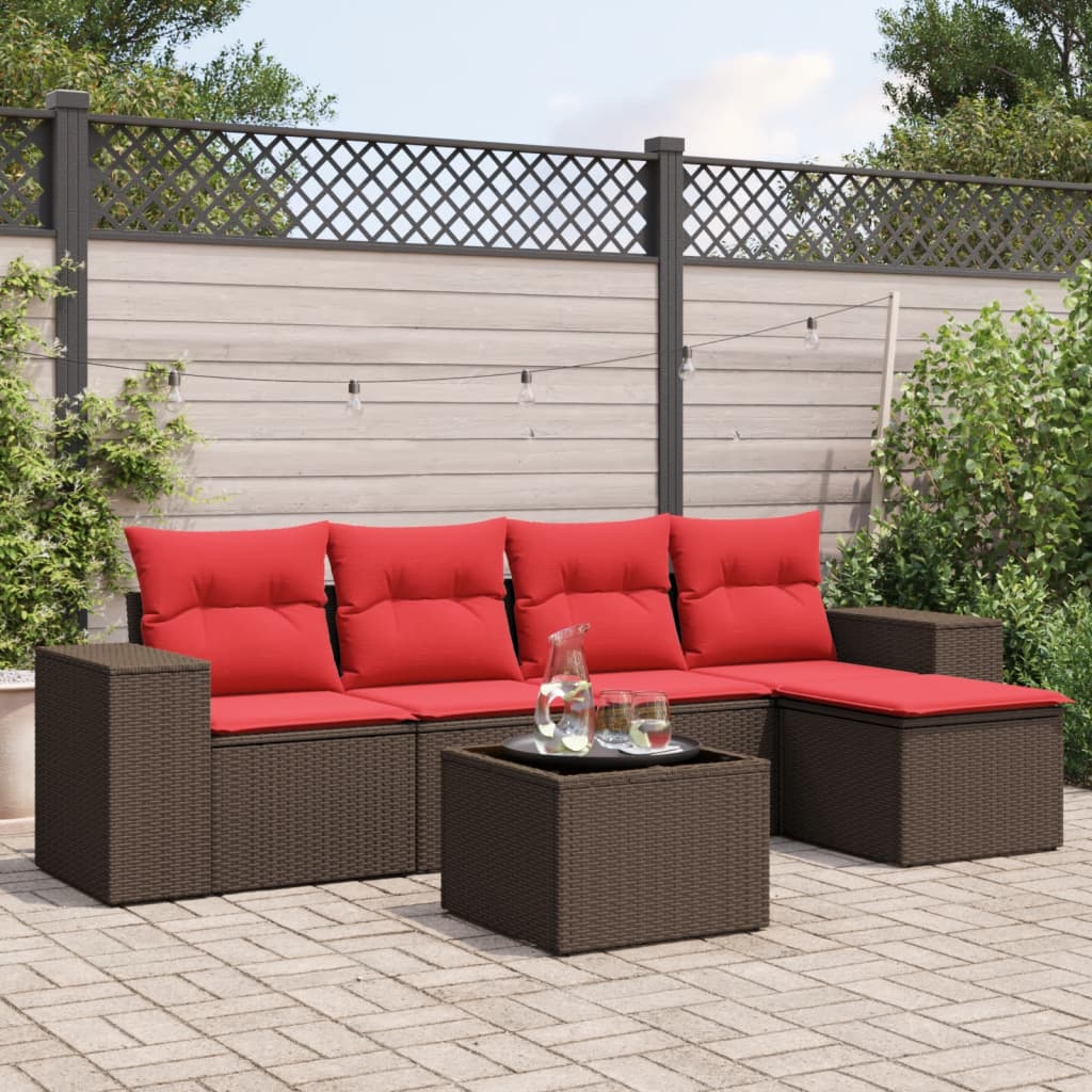 havesofasæt med 6 hynder brun polyrattan