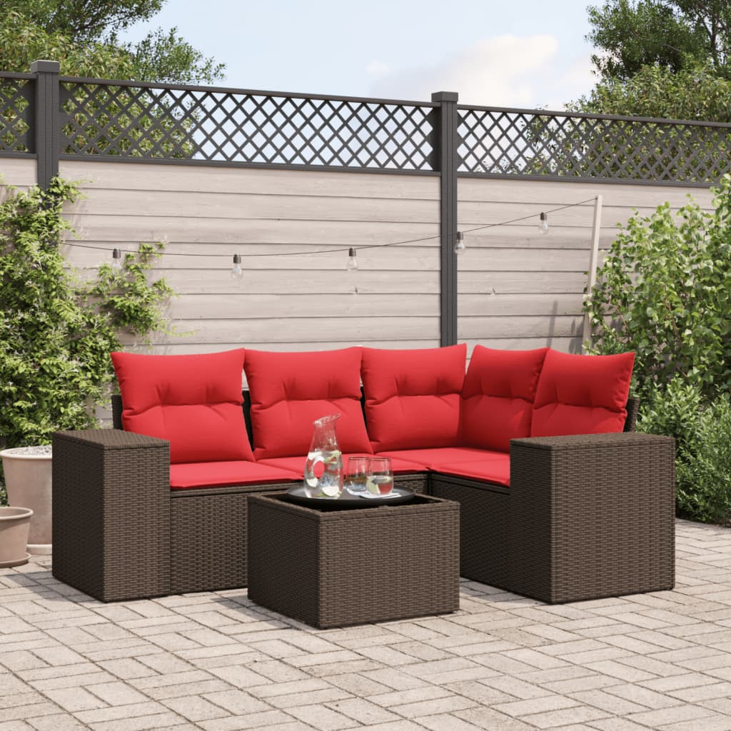 havesofasæt med 5 dele og hynder brun polyrattan