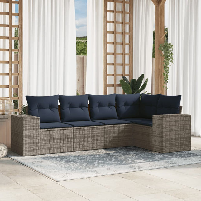 havesofasæt med 5 dele og hynder grå polyrattan
