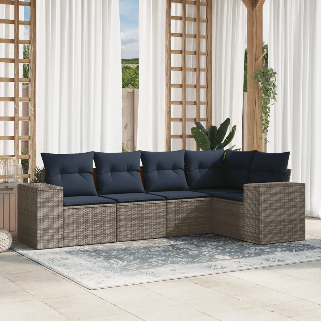 havesofasæt med 5 dele og hynder grå polyrattan