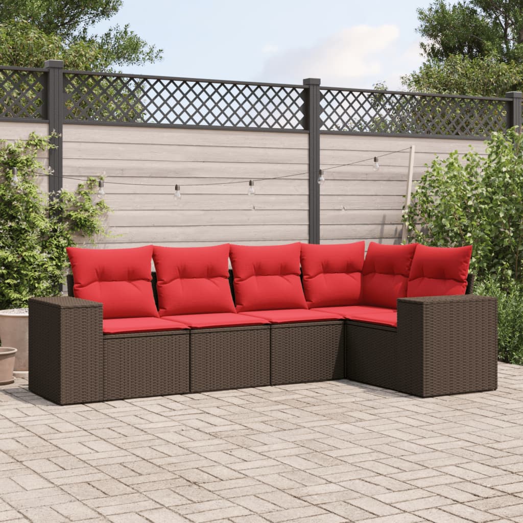 havesofasæt med 5 dele og hynder brun polyrattan