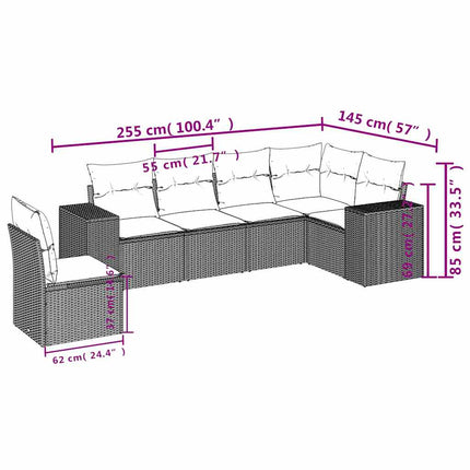 havesofasæt med 6 hynder sort polyrattan