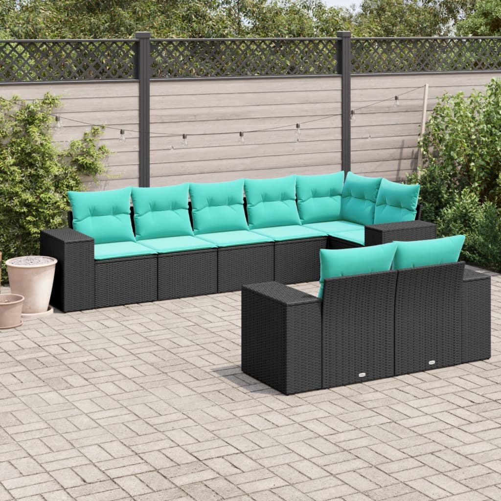 8-delt havesofast med hynder sort polyrattan