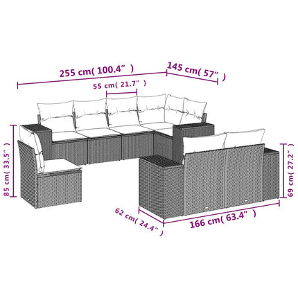 havesofasæt med 8 hynder grå polyrattan