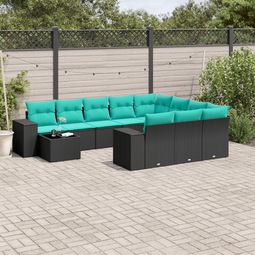 11-delt havesofast med hynder sort polyrattan