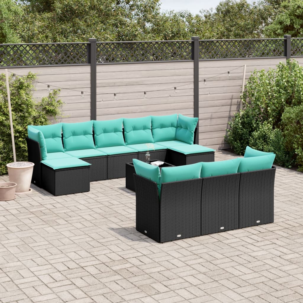 11-delt havesofast med hynder sort polyrattan