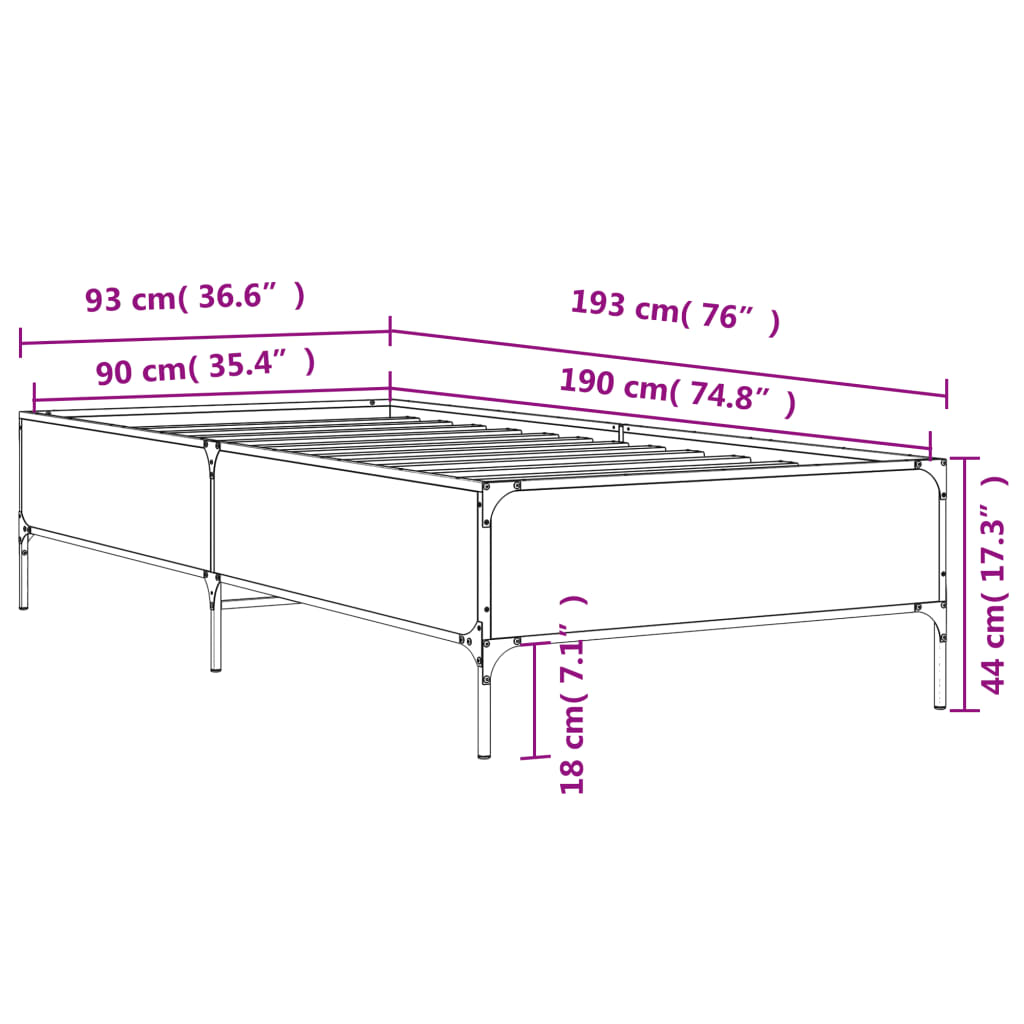 sengeramme 90x190 cm konstrueret træ og metal grå sonoma-eg