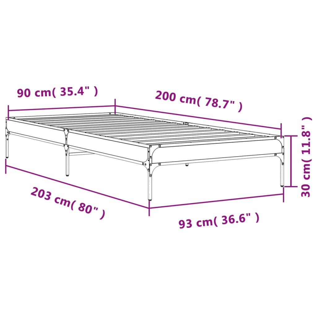 sengeramme 90x200 cm konstrueret træ og metal grå sonoma-eg