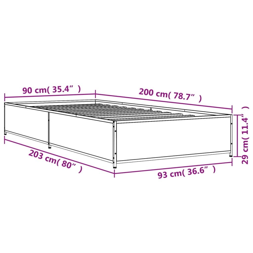 sengeramme 90x200 cm konstrueret træ og metal grå sonoma-eg