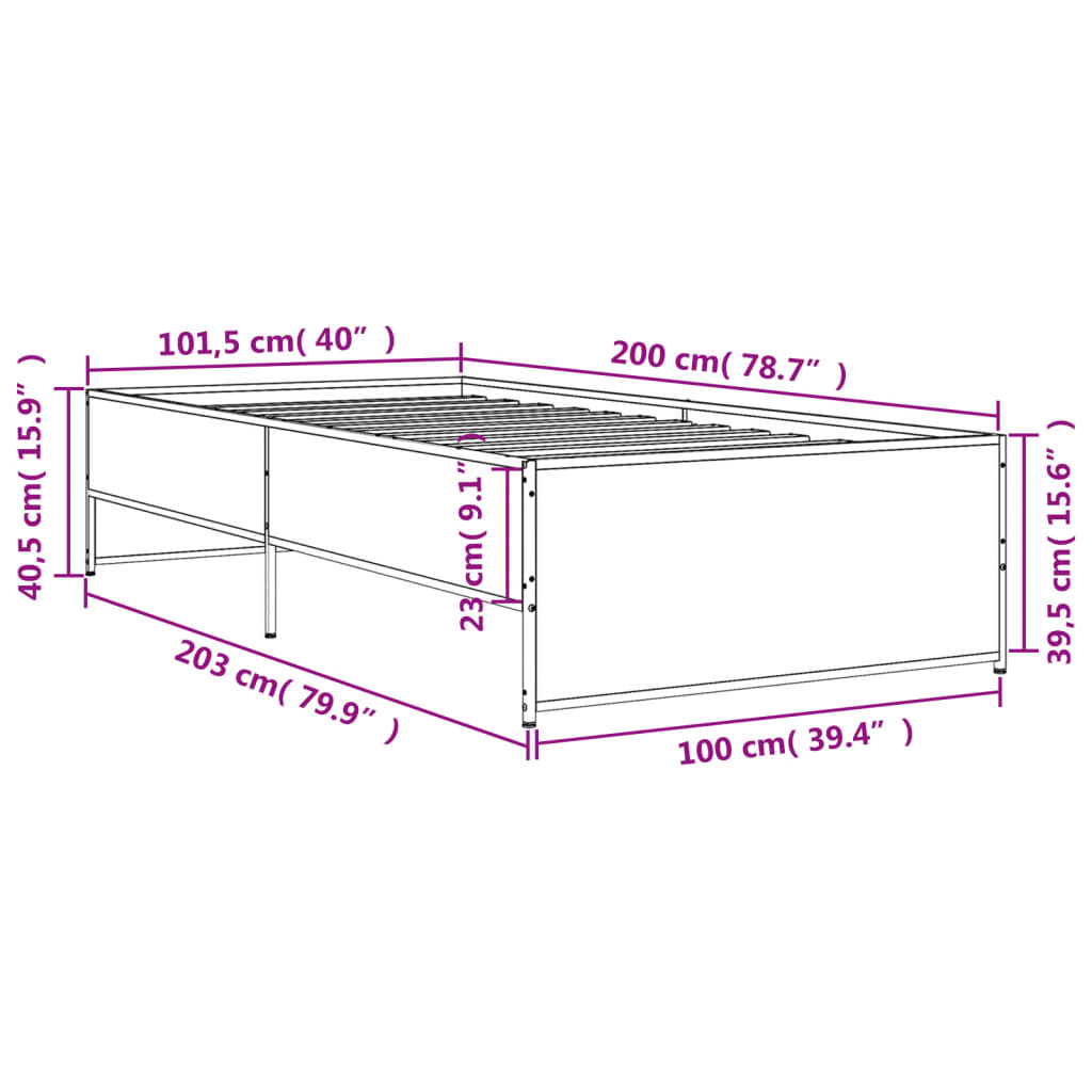 sengeramme 100x200 cm konstrueret træ og metal grå sonoma-eg