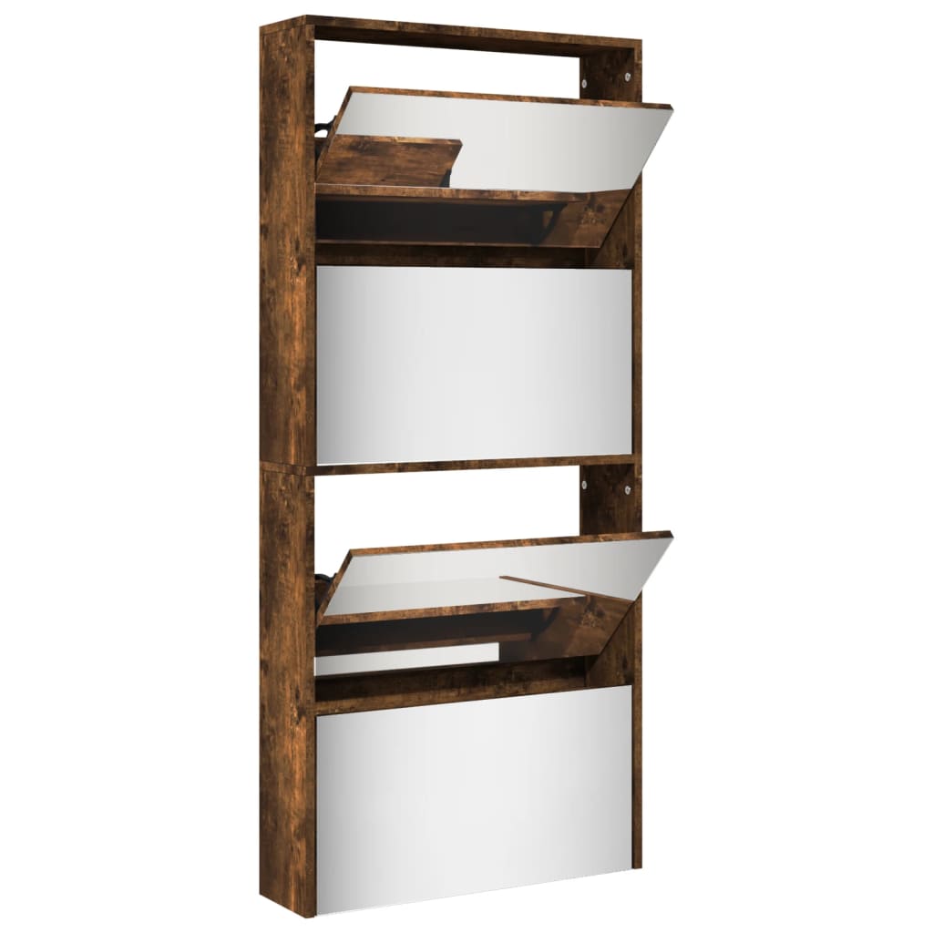 skoskab med spejl 4 hylder 63x17x134 cm røget egetræ