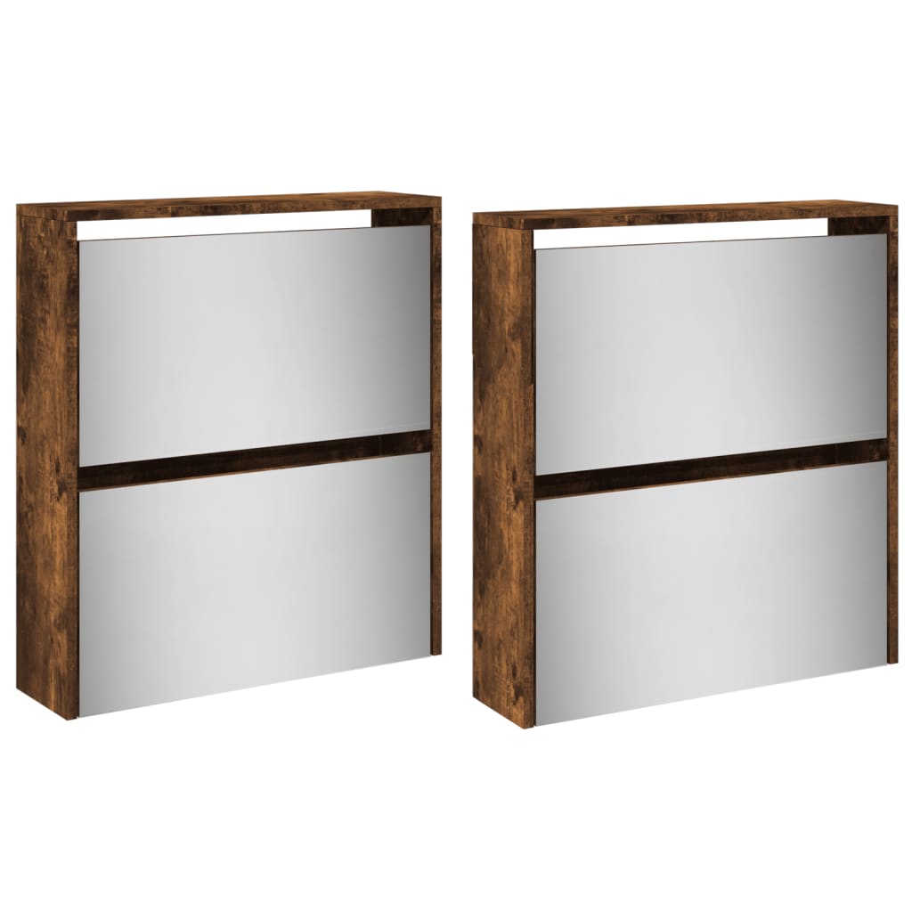 skoskab med spejl 4 hylder 63x17x134 cm røget egetræ