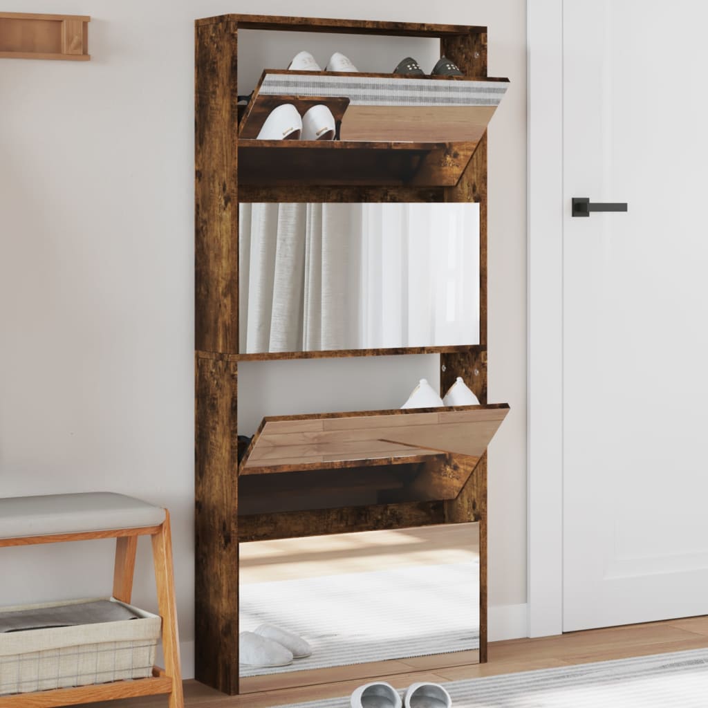 skoskab med spejl 4 hylder 63x17x134 cm røget egetræ