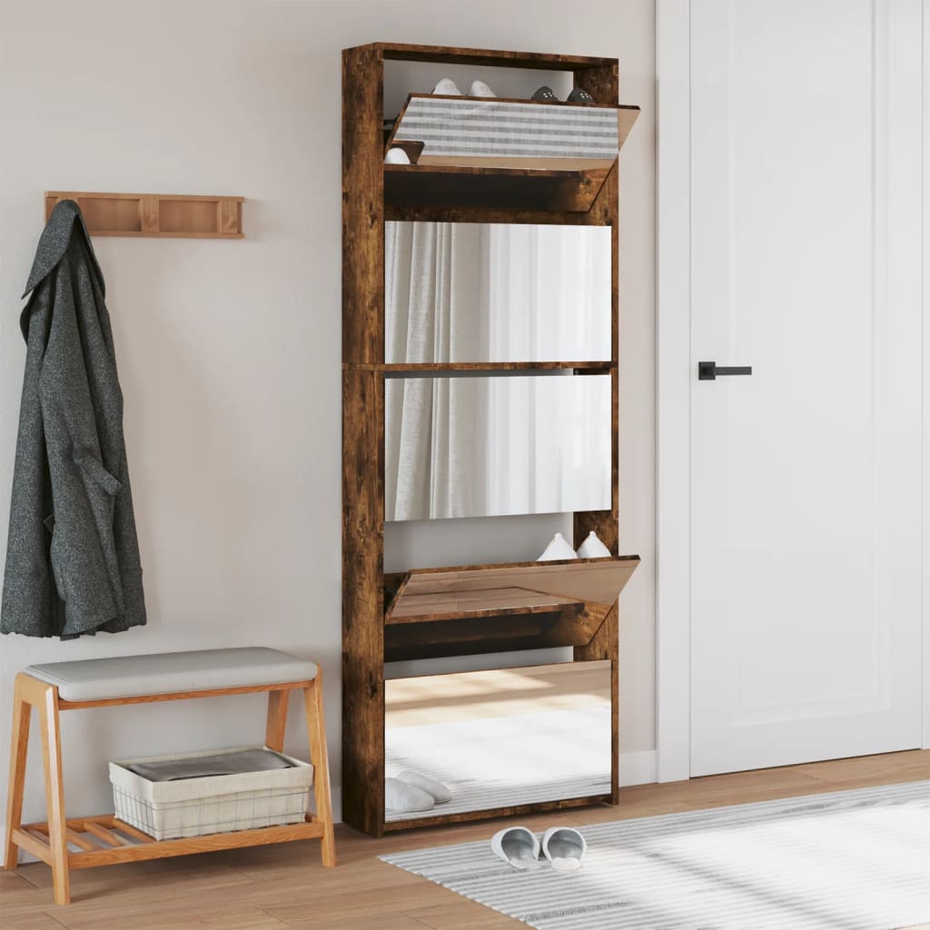 skoskab med spejl og 5 hylder 63x17x169,5 cm røget egetræsfarve