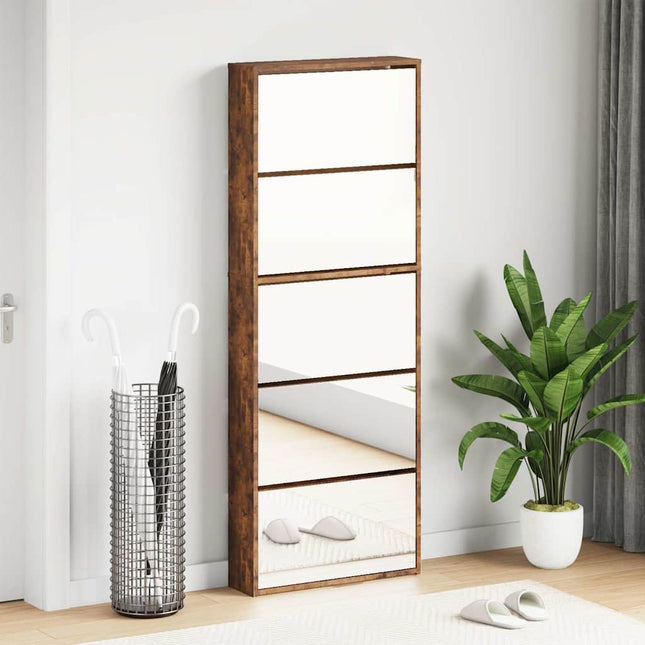 skoskab med spejl og 5 hylder 63x17x169,5 cm røget egetræsfarve