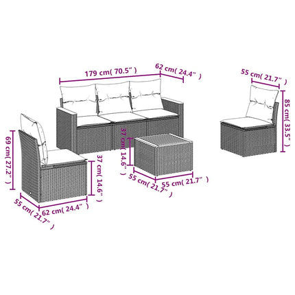 sofasæt til haven 6 dele med hynder polyrattan sort