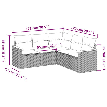 havesofasæt med 5 dele og hynder grå polyrattan