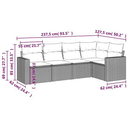 sofasæt 5 dele med hynder polyrattan lysegrå