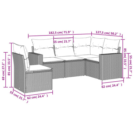 sofasæt 5 dele med hynder polyrattan lysegrå