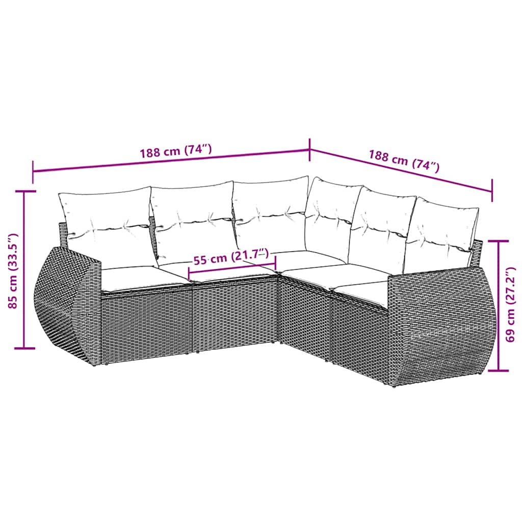 sofasæt til haven 5 dele med hynder polyrattan sort