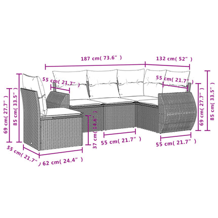 sofasæt 5 dele med hynder polyrattan grå