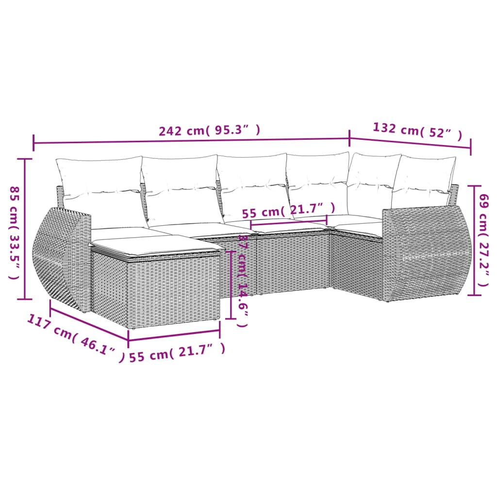 sofasæt til haven 6 dele med hynder polyrattan lysegrå