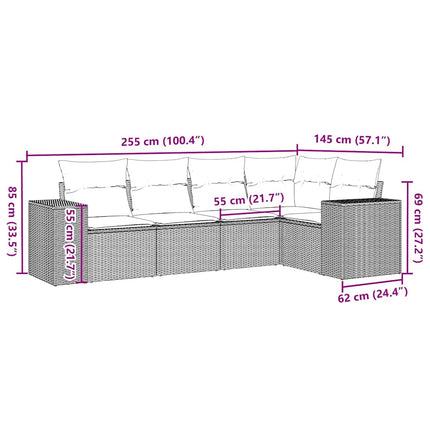 sofasæt 5 dele med hynder polyrattan lysegrå