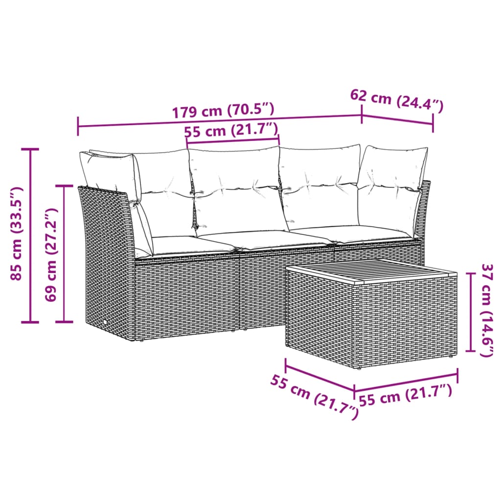 sofasæt til haven 4 dele med hynder polyrattan grå