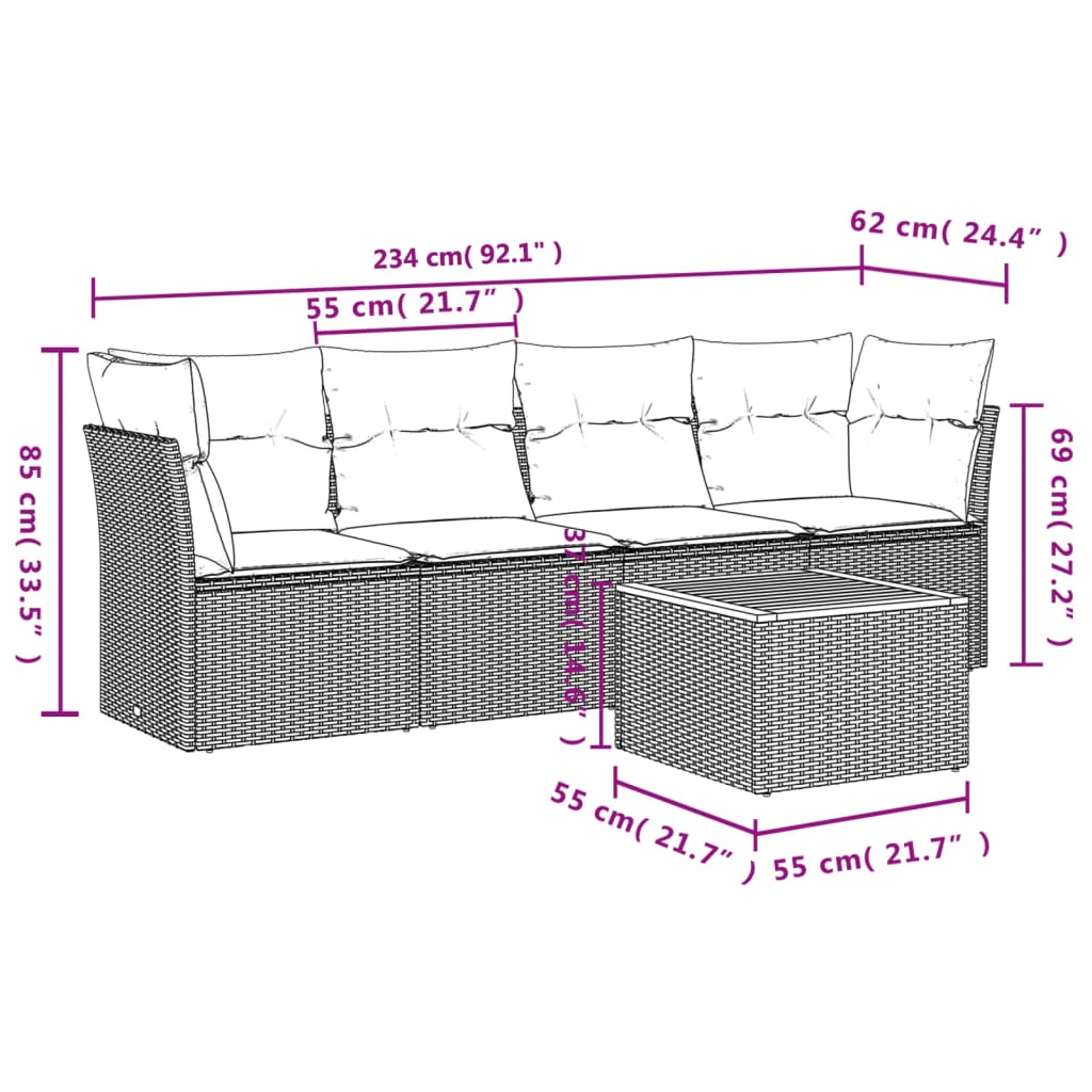 sofasæt 5 dele med hynder polyrattan grå