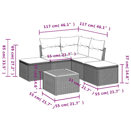 havesofasæt med 6 dele og hynder grå polyrattan
