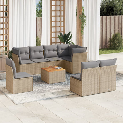 spisebordssæt til haven 9 dele med hynder polyrattan beige