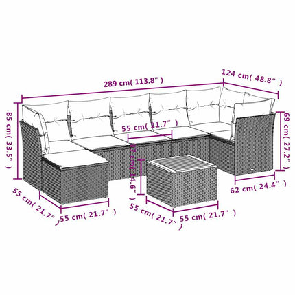 havesofasæt med 8 hynder grå polyrattan