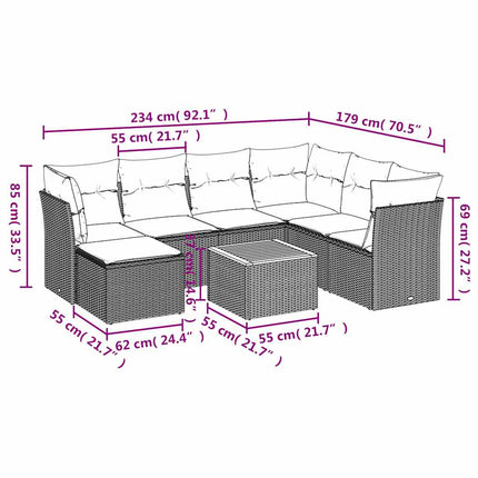 havesofasæt med 8 hynder grå polyrattan