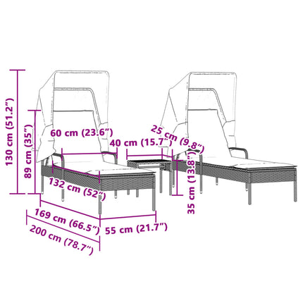 liggestole 2 stk. med baldakiner og bord polyrattan brun