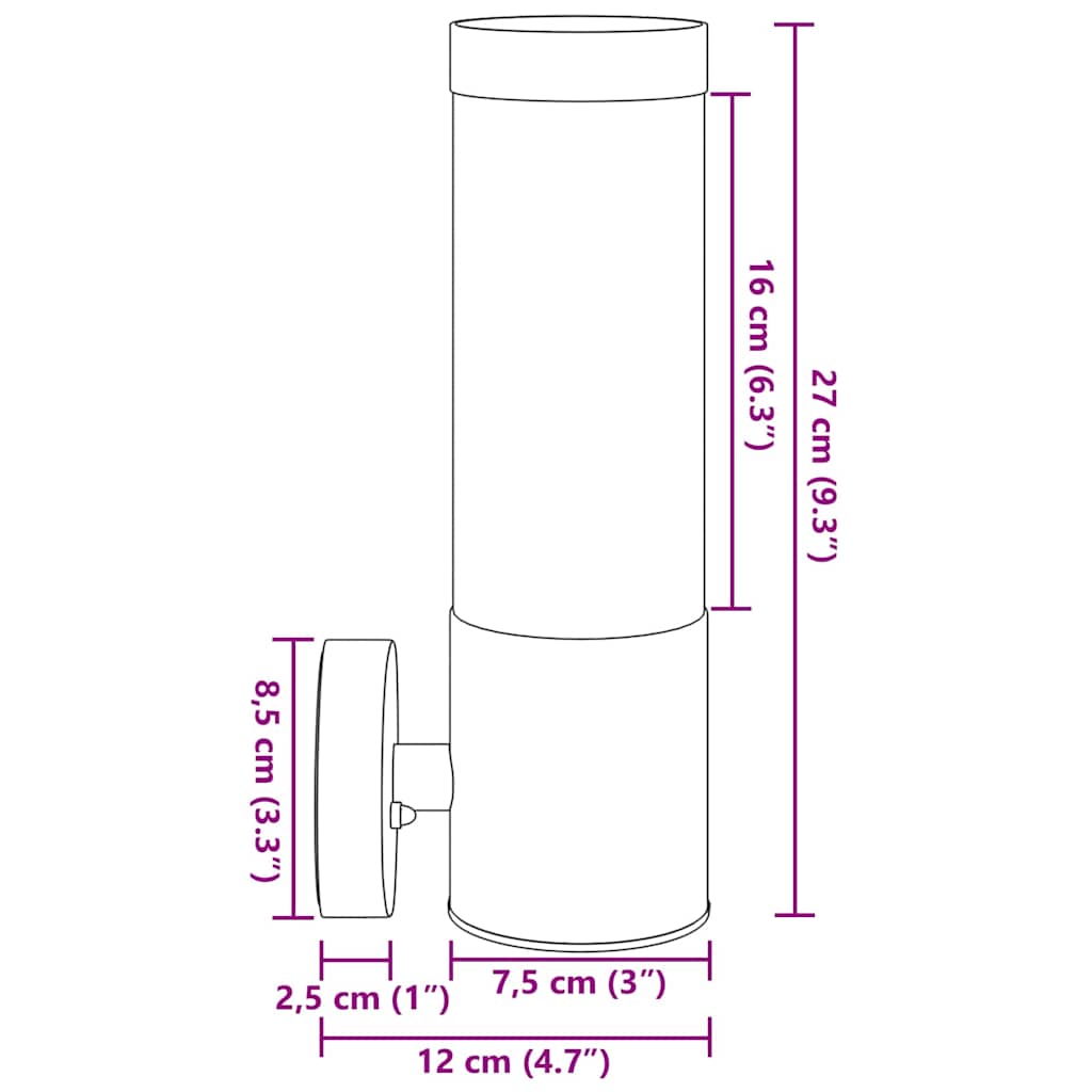 Udendørs væglampe Sort 12 x 7.5 x 27 cm Rustfrit stål