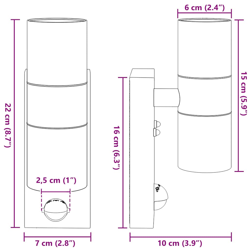 Udendørs væglampe Sort 7 x 10 x 22 cm Rustfrit stål