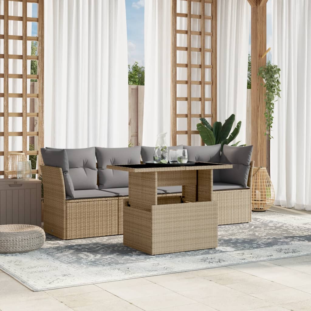 sofasæt til haven 5 dele med hynder polyrattan beige