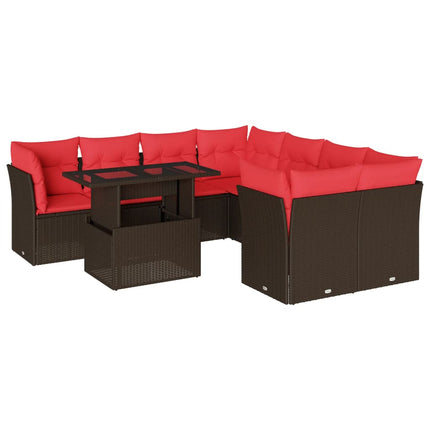 havesofasæt med 9 dele og hynder brun polyrattan