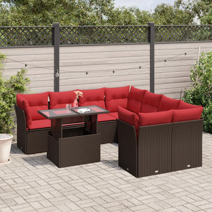 havesofasæt med 9 dele og hynder brun polyrattan