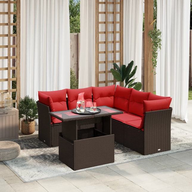 havesofasæt med 6 hynder brun polyrattan