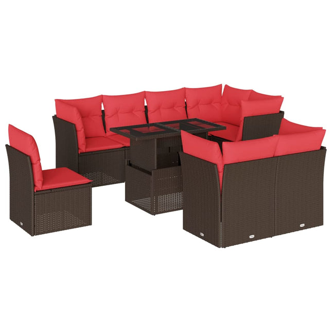 havesofasæt med 9 dele og hynder brun polyrattan