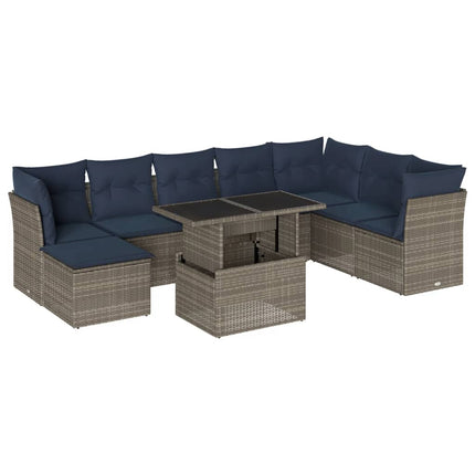 havesofasæt med 9 dele og hynder grå polyrattan