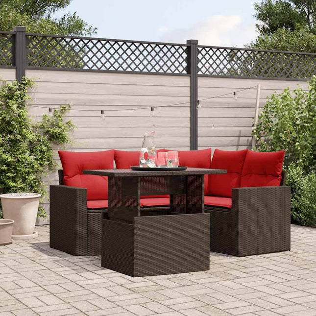 havesofasæt med 5 dele og hynder brun polyrattan