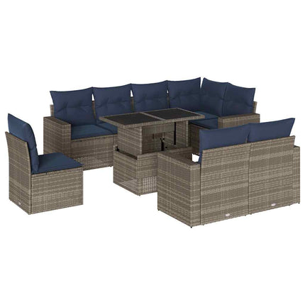 havesofasæt med 9 dele og hynder grå polyrattan