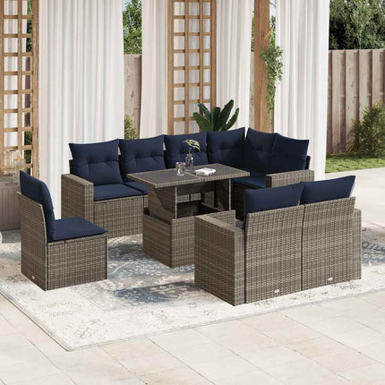 havesofasæt med 9 dele og hynder grå polyrattan