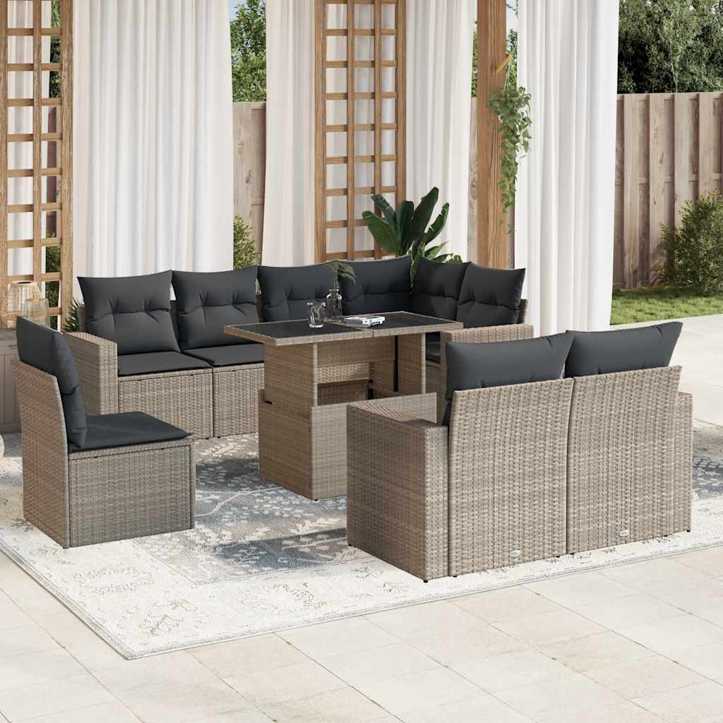 sofasæt til haven 9 dele med hynder polyrattan lysegrå